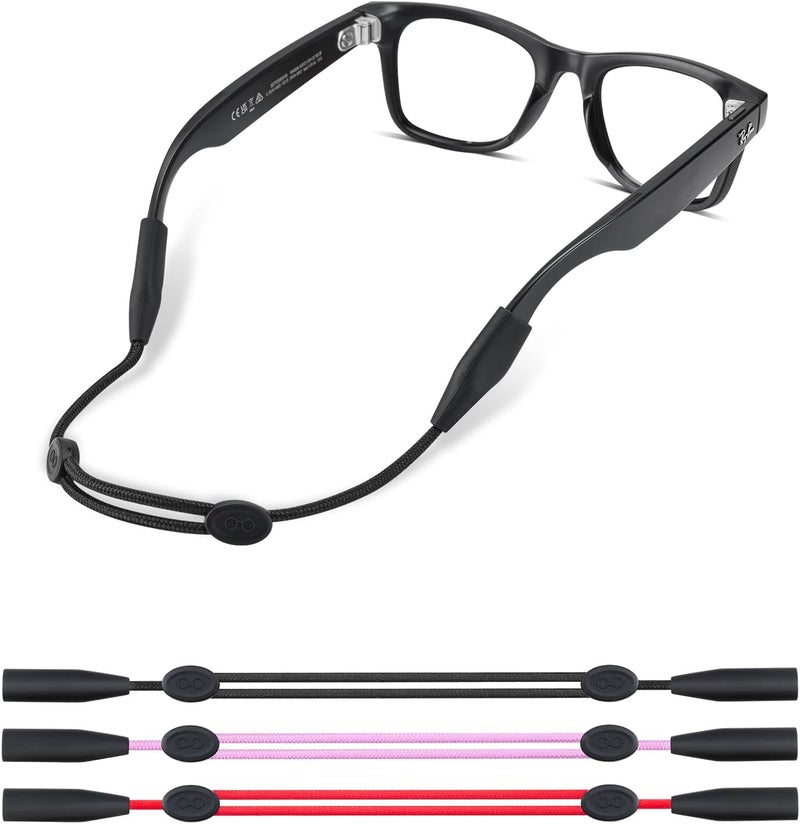 TBATAIL Glasses Strap for Ray-Ban Meta and Wide Frame Glasses–Adjustable Sunglasses Straps Cords for Men Women kids-Eye Glasses Holders Around Neck, Eyewear String Lanyard(3pcs 14in Black/Purple/Red) - Image 1